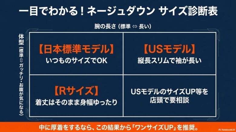 体格(標準・がっちり)と腕の長さに合わせ、日本モデル・Rサイズ・USモデルのどれを選ぶべきか一目でわかるサイズ診断マトリックス表