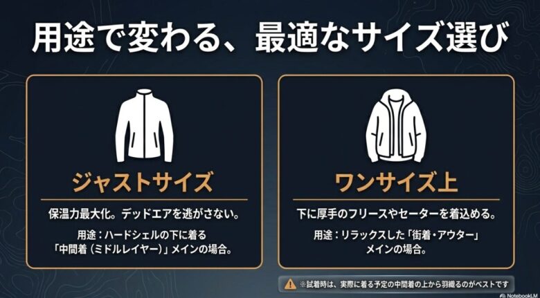 中間着(ジャストサイズ)と街着・アウター(ワンサイズ上)の選び方をアイコンで解説。試着時のポイントも記載されたサイズガイドスライド