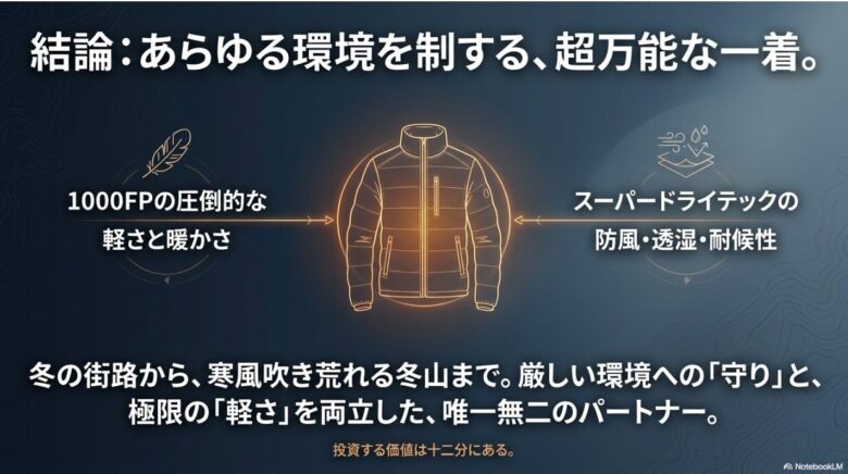 1000FPの軽さと暖かさ、スーパードライテックの耐候性を両立したイグニスダウンが、冬山から街まで対応する唯一無二のパートナーであることを示すまとめスライド。