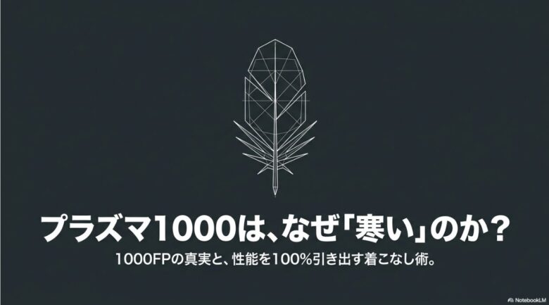 プラズマ1000ダウンの羽を模したアイコンと、「なぜ寒いのか？1000FPの真実と性能を引き出す着こなし術」という文字が書かれたタイトル画像