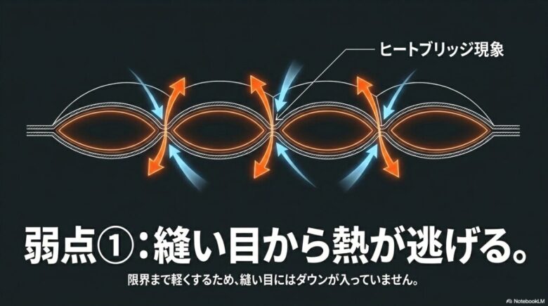シングルキルト構造の断面図を用いて、縫い目部分（ダウンが入っていない箇所）から熱が逃げ、冷気が侵入する「ヒートブリッジ現象」を視覚的に説明する図