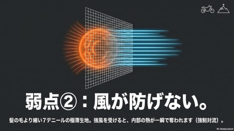 7デニールの極薄生地を風が突き抜け、内部の熱が奪われる「強制対流」の仕組みと、強風に弱い特性を示す図。