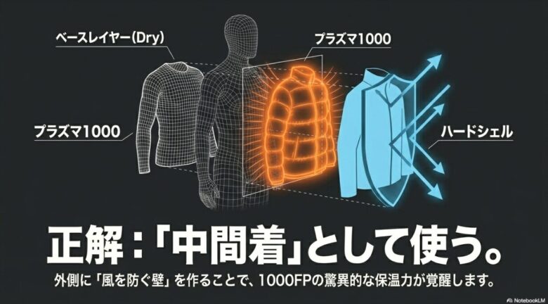 ベースレイヤー、プラズマ1000、ハードシェルを組み合わせる正解の着こなし例。外側に「風を防ぐ壁」を作ることで保温力が覚醒することを示すイラスト。