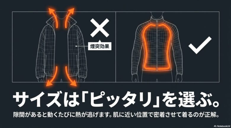 大きすぎるサイズによる「煙突効果」で熱が逃げる様子と、ジャストサイズで密着させて熱を閉じ込める正しい着こなしを比較した図
