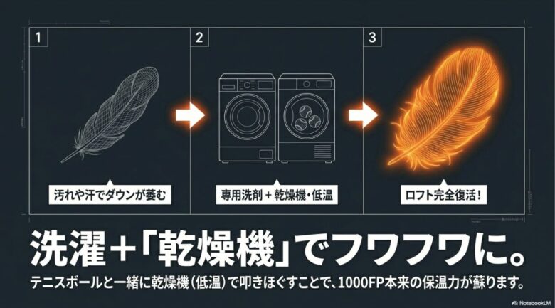 汚れで萎んだダウンを「専用洗剤での洗濯」と「乾燥機での叩きほぐし」によって、ロフト（嵩高）を完全復活させる3ステップの説明図