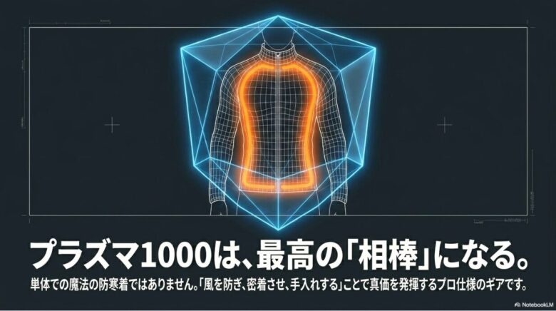 プラズマ1000を最高の相棒にするための3つの条件「風を防ぎ、密着させ、手入れする」という言葉が添えられたまとめ画像。