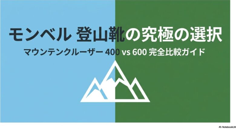 モンベルの登山靴、マウンテンクルーザー400と600の比較を象徴する山のイラストとタイトルスライド