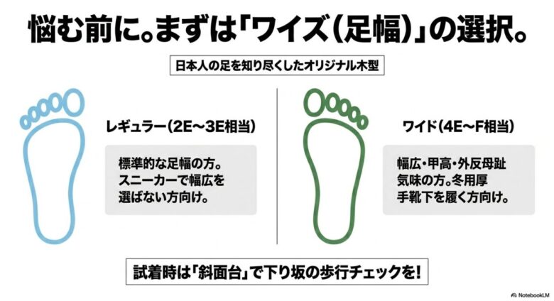 日本人の足型に合わせたレギュラー（2E〜3E相当）とワイド（4E〜F相当）のワイズ選択ガイド図