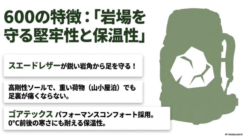 スエードレザーの採用とゴアテックス・パフォーマンスコンフォートによる600の堅牢性と保温性の解説図