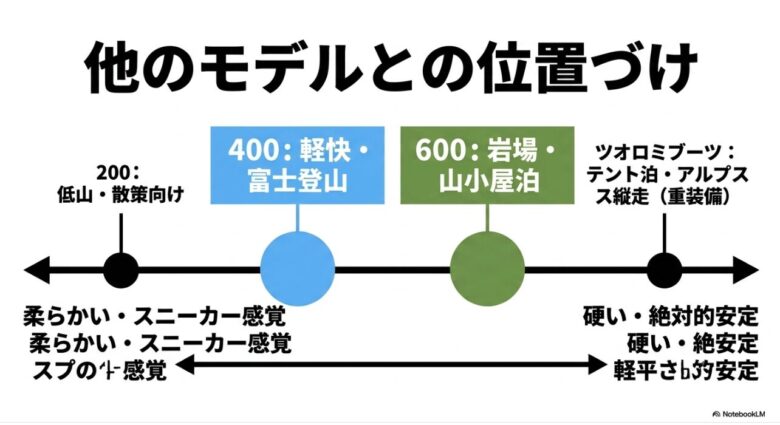 マウンテンクルーザー200、400、600、ツオロミブーツの柔らかさと安定性の位置づけを示す図