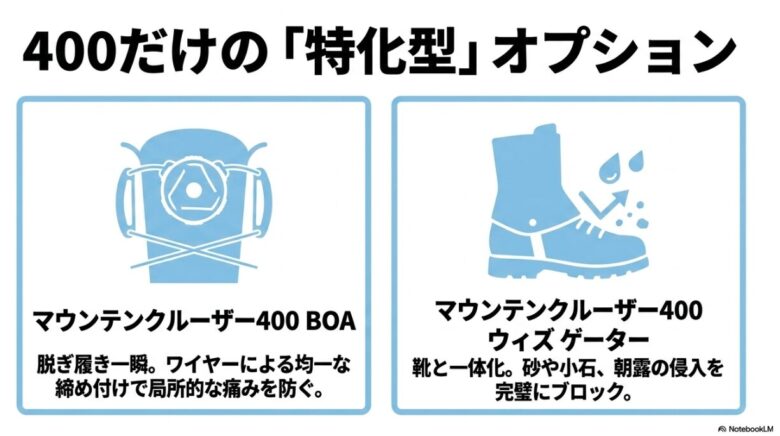 マウンテンクルーザー400 BOAとウィズゲーターモデルの独自の機能を紹介するイラスト入りスライド