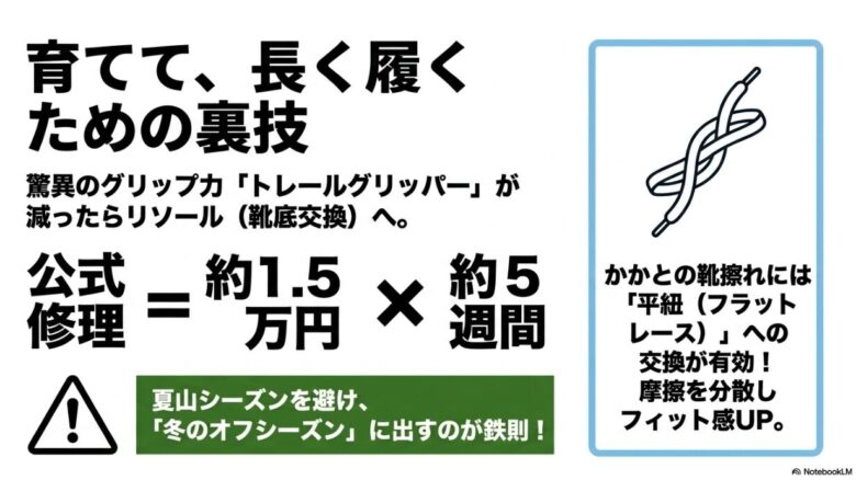 リソールの費用と期間、および靴擦れ対策として有効な平紐（フラットレース）への交換を推奨する図