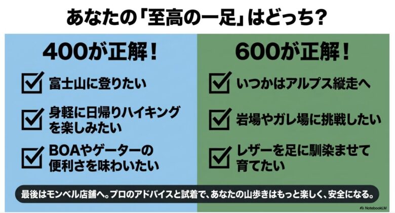 山行スタイルや目的に応じて400と600のどちらが正解かを判定するチェックリスト形式のスライド