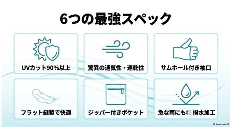 クールパーカの6つの特徴。UVカット、通気性・速乾性、サムホール、フラット縫製、ジッパー付きポケット、撥水加工のアイコン説明