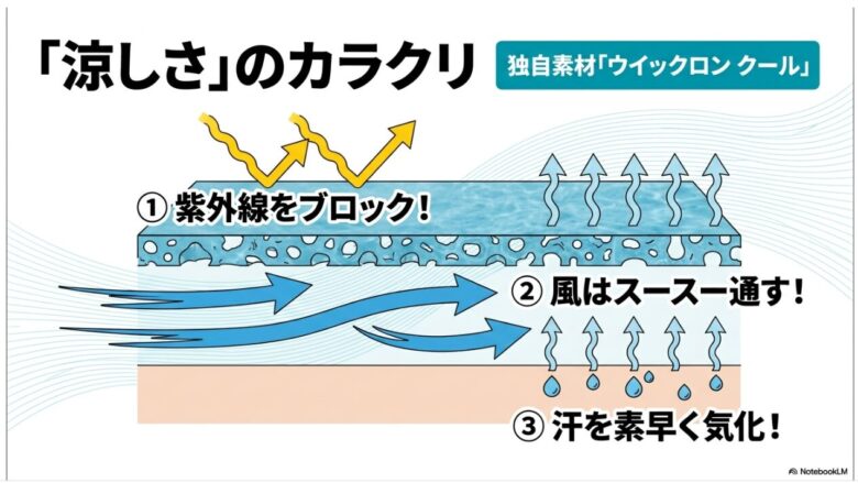 独自素材「ウイックロンクール」の仕組み。紫外線をブロックし、風を通し、汗を速く気化させるプロセスの図解