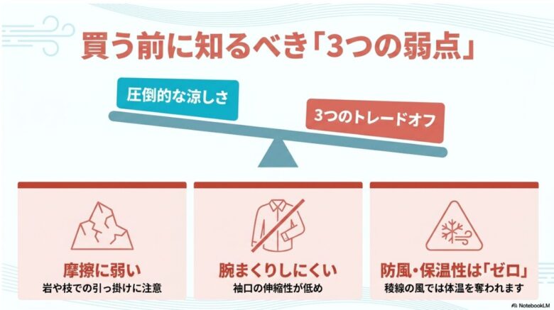 クールパーカの3つの弱点。摩擦への弱さ、腕まくりのしにくさ、防風・保温性のなさについての注意喚起