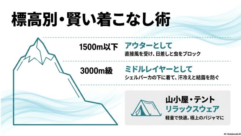 標高別の着こなし術。1500m以下の低山、3000m級の高山、山小屋でのリラックスウェアとしての活用例