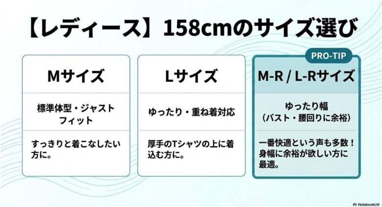 身長158cmの女性向けサイズ選び。ジャストのM、ゆったりのL、身幅に余裕があるM-R/L-Rサイズの特徴解説