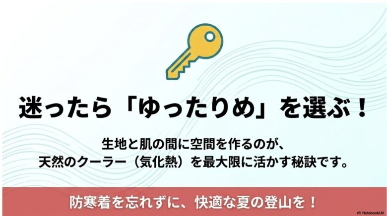 サイズ選びの秘訣。生地と肌の間に空間を作ることで気化熱を最大限に活かし、涼しく着こなすためのアドバイス