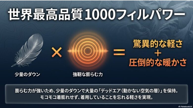 1000フィルパワーEXダウンの仕組みを解説。強靭な膨らむ力が少量のダウンで大量のデッドエアを保持し、軽量化と暖かさを両立させる概念図