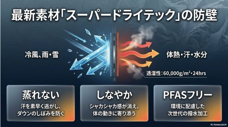 新素材スーパードライテックの機能を解説。外部からの冷風・雨・雪を遮断し、内部の汗・蒸れを60,000g/m2・24hrsの透湿性で逃がす構造の説明図