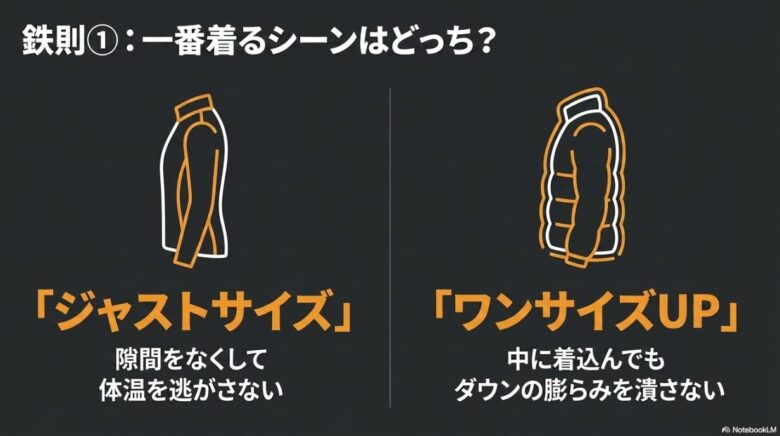 インナー利用なら隙間をなくすジャストサイズ、アウター利用ならダウンを潰さないワンサイズUPがおすすめ