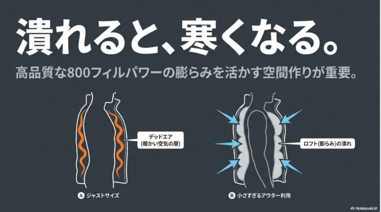ジャストサイズのデッドエア(暖かい空気の層)と、小さすぎるアウター利用時のロフト(膨らみ)の潰れを比較した図解