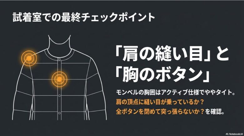 試着時のチェックポイント。肩の頂点に縫い目が乗っているか、全ボタンを閉めて胸回りが突っ張らないかを確認する図解