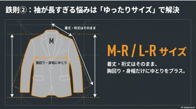 M-RやL-Rサイズは、着丈・裄丈はそのままに胸回りや身幅にゆとりを持たせた設計であることを示す図解