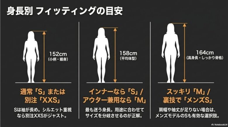152cm、158cm、164cmの各身長における、S、M、XXS、メンズSなどのサイズ選びの目安一覧