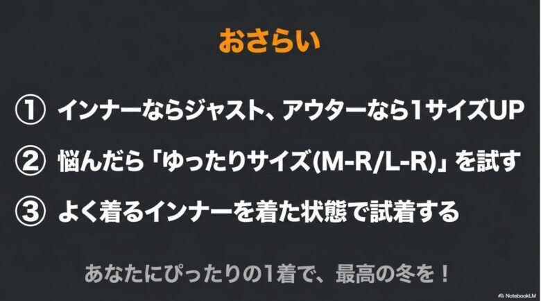 サイズ選びのおさらい。インナーならジャスト、アウターなら1サイズUP。悩んだらゆったりサイズを試し、インナーを着て試着すること