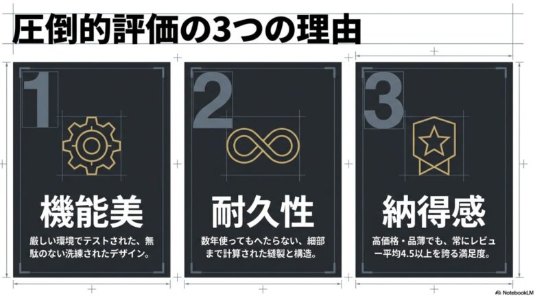 アークテリクスのキャップが評価される理由として、機能美、耐久性、納得感の3要素を挙げたインフォグラフィック