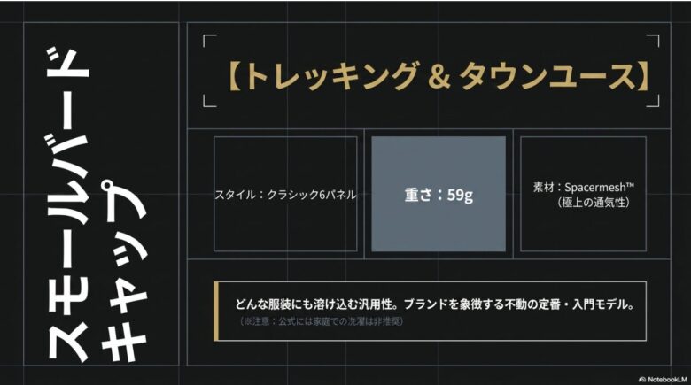 スモールバードキャップのスペック紹介。重さ59g、素材Spacermesh、トレッキング&タウンユース向けであることの解説