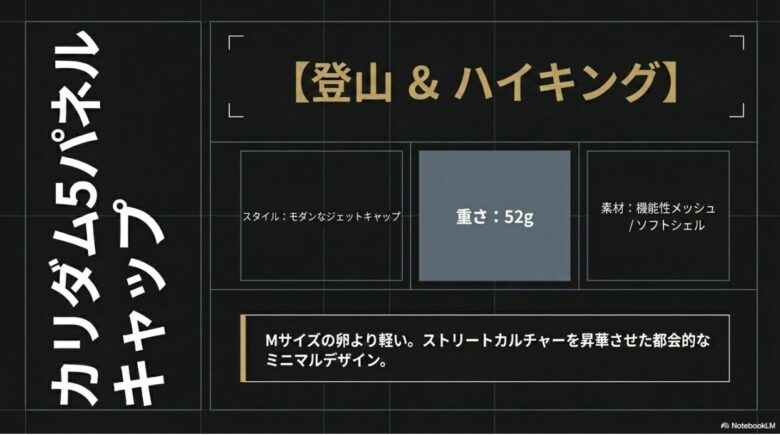 カリダム5パネルキャップのスペック紹介。重さ52g、モダンなジェットキャップスタイル、登山&ハイキング向けであることの解説。