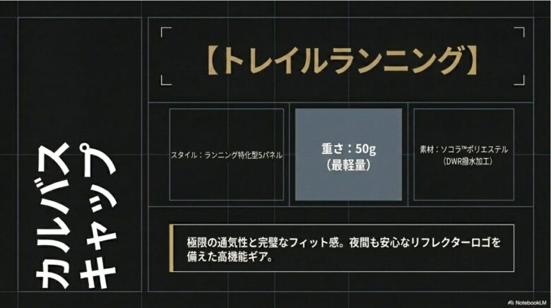 カルバスキャップのスペック紹介。最軽量50g、ソコラポリエステル素材(DWR撥水加工)、トレイルランニング向けであることの解説