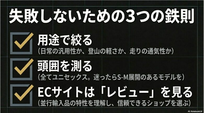 用途で絞る、頭囲を測る、ECサイトのレビューを見るという、購入時に失敗しないための3つの重要ポイントをまとめたチェックリスト