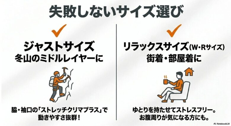 登山でのミドルレイヤーにはジャストサイズ、街着・部屋着にはリラックスサイズ（W・Rサイズ）を推奨し、動きやすさやストレスフリーな着心地を解説するスライド