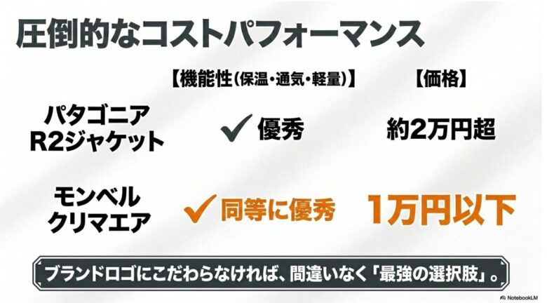モンベルのクリマエアとパタゴニアのR2ジャケットの価格と機能を比較した表。機能は同等に優秀ながら、価格が1万円以下であるクリマエアのコスパを強調する資料