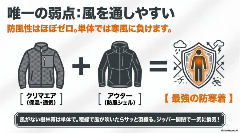 風を通しやすい弱点を防風シェルとの重ね着で解決し、最強の防寒着にする方法を説明する図解。ジッパー開閉による換気についても記載