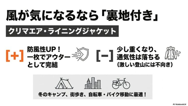 裏地付きで防風性を高めたライニングジャケットの紹介。冬のキャンプや街歩きに最適である一方、重くなり通気性が落ちる注意点も記載されたスライド