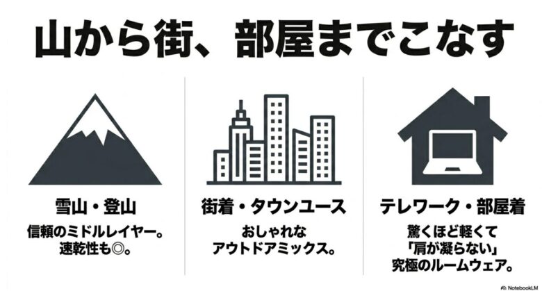 雪山登山のミドルレイヤー、街着のタウンユース、テレワーク・部屋着としての究極のルームウェアなど、幅広い活用シーンをまとめた資料