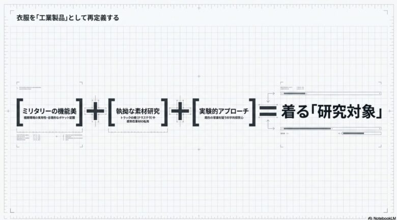 ストーンアイランドの服づくり哲学を示す図解。「ミリタリーの機能美 + 執拗な素材研究 + 実験的アプローチ = 着る『研究対象』」として衣服を工業製品に再定義する概念が書かれている。