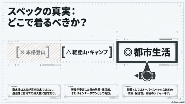 ストーンアイランド製品の着用推奨環境の分析図。本格登山は「×(防水ではなく撥水、透湿性や岩場での耐久性に懸念)」、軽登山・キャンプは「△(天候安定日の防風保温着やインナーダウン向き)」、都市生活は「◎(オーバースペックなほどの防風・保温性を持つ究極のシティーギア)」と評価している。