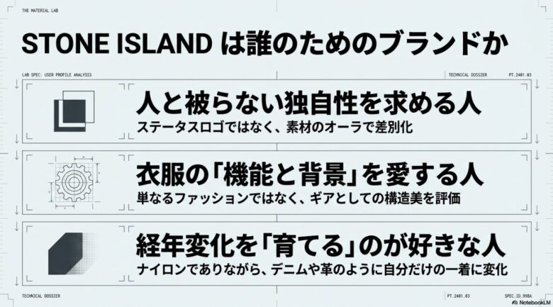 ストーンアイランドを高く評価するユーザーのプロファイル分析スライド。「人と被らない独自性を求める人(素材のオーラで差別化)」「衣服の『機能と背景』を愛する人(ギアとしての構造美)」「経年変化を『育てる』のが好きな人」の3つの特徴。