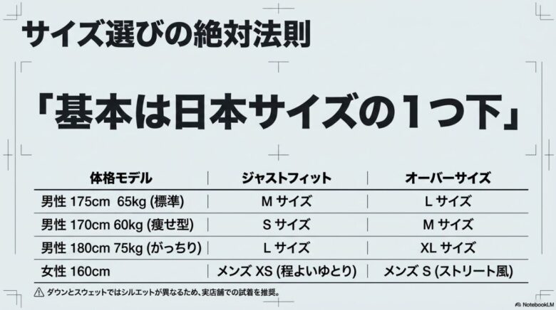 サイズ選びの絶対法則「基本は日本サイズの1つ下」を説明するスライド。175cm65kg(標準体型)はMがジャスト・Lがオーバー、170cm60kg(痩せ型)はSがジャスト・Mがオーバー、180cm75kg(がっちり)はLがジャスト・XLがオーバー、女性160cmはメンズXSで程よいゆとり・メンズSでストリート風という目安の表。