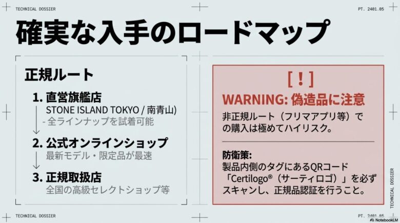 ストーンアイランドの確実な入手ロードマップ(直営旗艦店、公式オンライン、正規取扱店)と偽造品への警告スライド。フリマアプリ等のリスクに対する防衛策として、製品内側のタグにあるQRコード「certilogo(サーティロゴ)」での正規品認証を推奨している