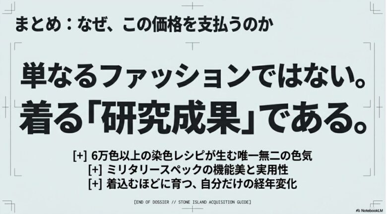 ストーンアイランド完全購入ガイドのまとめスライド。単なるファッションではなく「着る研究成果」であるとし、6万色以上のレシピが放つ唯一無二の色気、ミリタリースペックの機能美、着込むほどに育つ経年変化のメリットが総括されている。