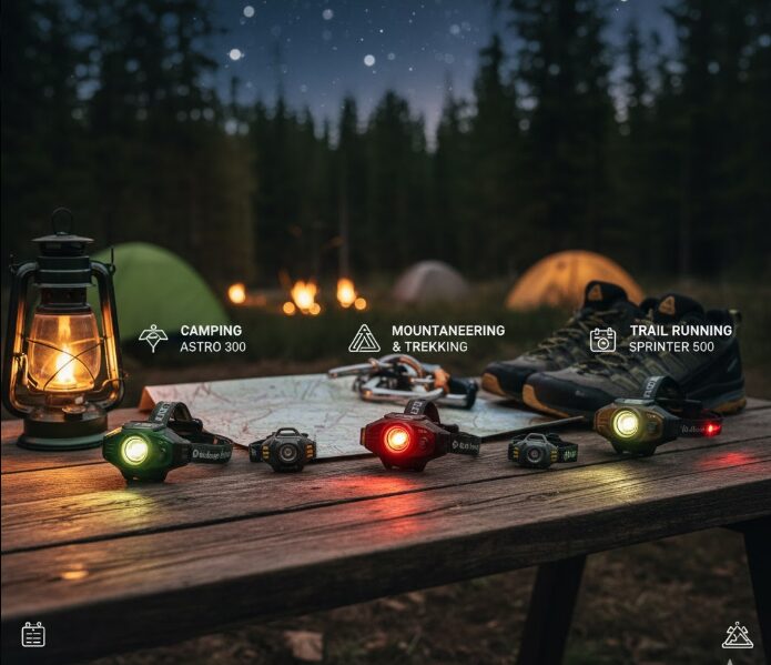 - キャンプや登山など用途別に分類されたコズモ、スポット、ストームなど複数のヘッドライト