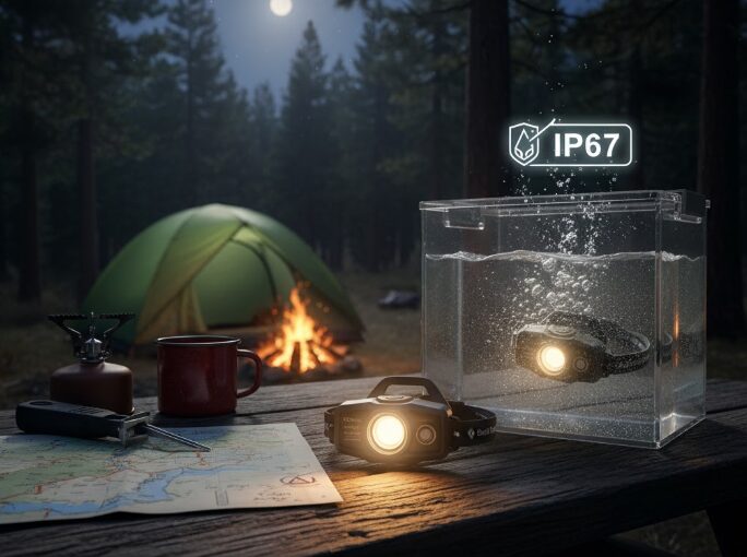 - キャンプサイトのテーブルに置かれたコズモ350と、水槽の中で点灯しているIP67防水のコズモ350-R