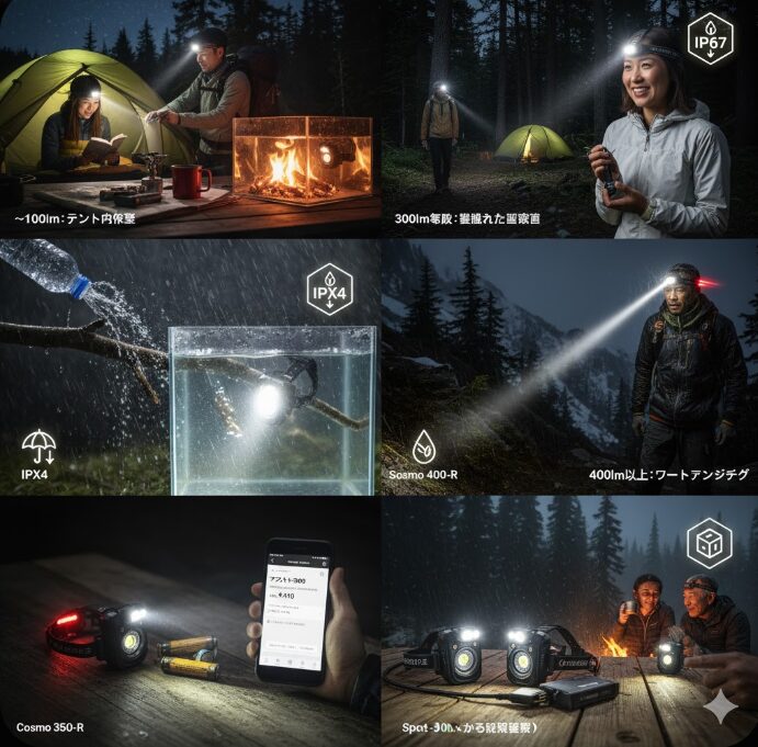 - 雨の中でIPX4等級のアストロ300が水しぶきに耐えている様子と、天候の良いキャンプ場でアストロ300を使用している人物